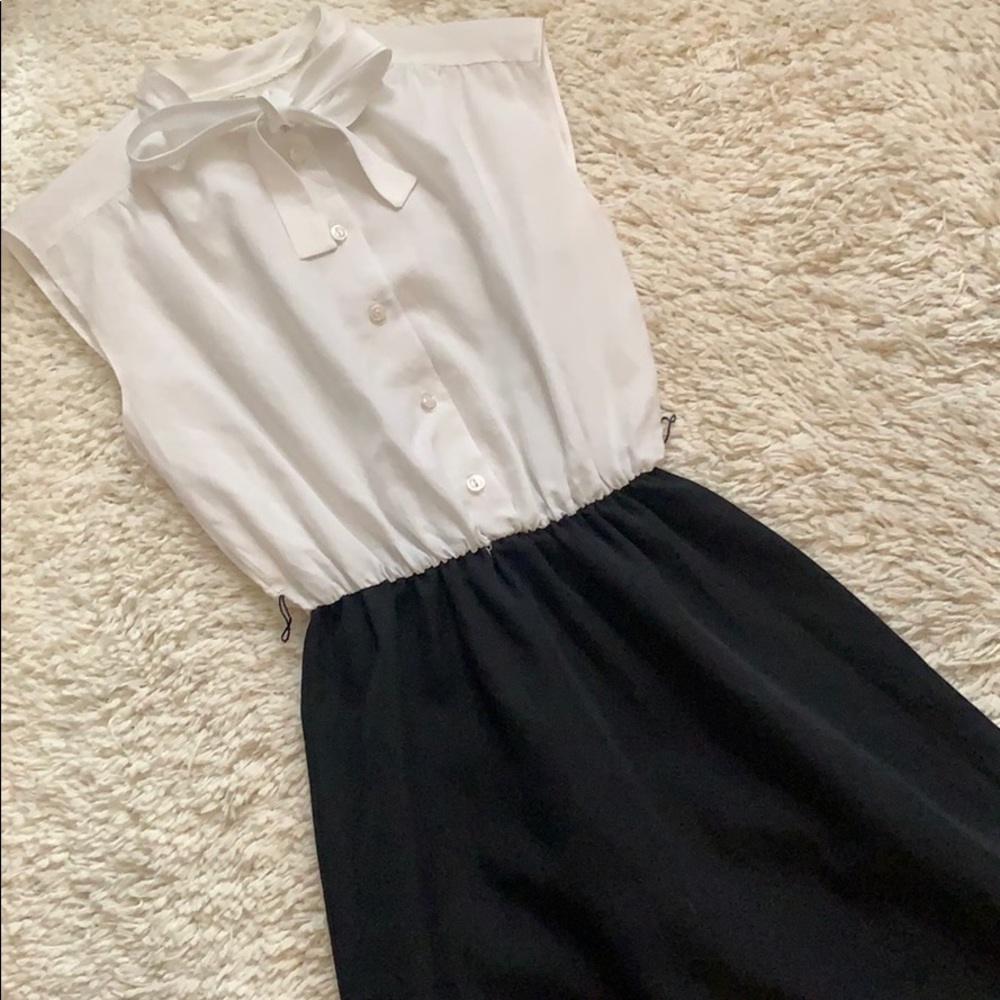 VINTAGE Black White Neck Tie Midi Dress